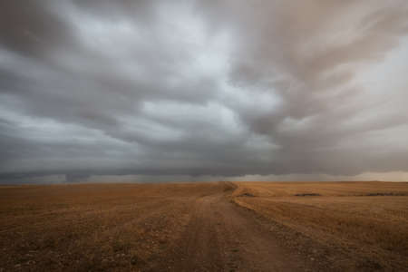 Stormy clouds over the path in the field
