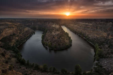 Warm sunset over Hoces del Duraton riverの写真素材