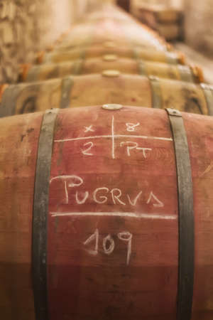 Barrels row in a Rioja winery in Alavaのeditorial素材