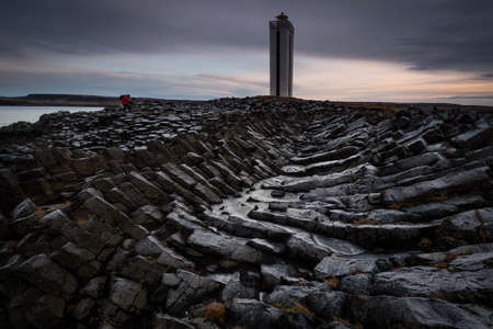 Basaltic columns in KÃ¡lfshamarsviti lighthouse in Icelandの写真素材
