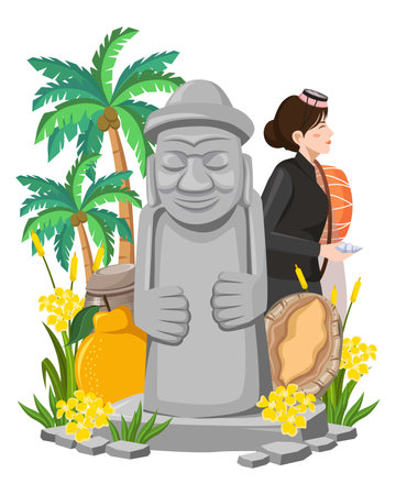 Jeju Island landmarks illustration. Grandfather stone statue, female diver,   canola flowers, tangerine, and abalone.のイラスト素材