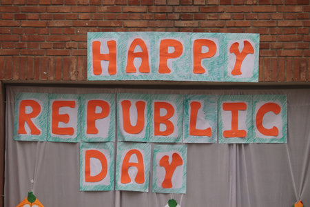 Brick wall background with happy republic day  sign in front of it.の写真素材