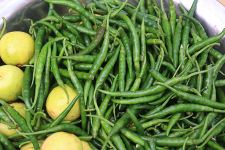 Fresh market in Green chilli and lemonsの写真素材
