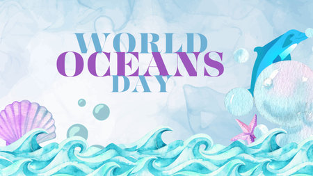 World Oceans Day background with watercolor elements. Vector illustration.の写真素材
