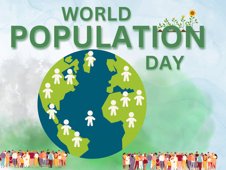 World Population Day Poster with Group of People and Earth Globe. Vector Illustrationの写真素材