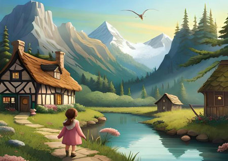 cartoon scene with beautiful little girl by the lake - illustration for childrenの写真素材