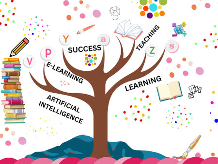 Vector illustration of a tree with books and icons. Education concept.の写真素材