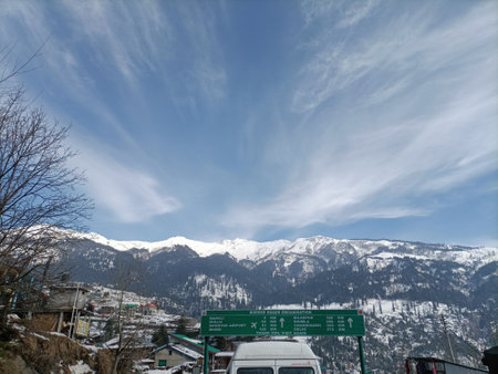 View of the snow-capped mountain peaks in the winter.