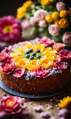 Cake with fresh berries and flowers on a wooden background. Toned.の素材