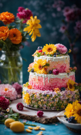 Beautiful wedding cake decorated with flowers and berries, selective focus.の素材