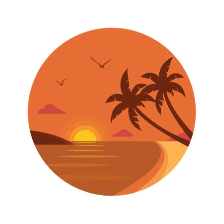 Sunset Beach with Palm Trees Icon Flat Designのイラスト素材