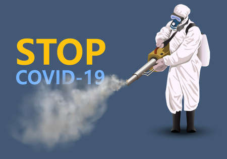 People in Protective Suit or Clothing, Spray to Cleaning and Disinfect Virus, Covid-19, Corona virus Disease, Preventive Measuresのイラスト素材