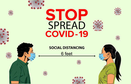 Social distancing, keep distance in public society people to protect from COVID-19 coronavirus outbreak spreading concept, man and woman keep distance away in the meeting with virus pathogensのイラスト素材