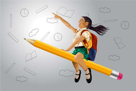 Happy school kid riding a flying pencilのイラスト素材