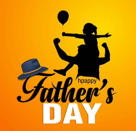 Dad and son silhouette.Happy Father's Day. Typographic design. Vector black and white lettering card with a hat. Vector illustrationのイラスト素材