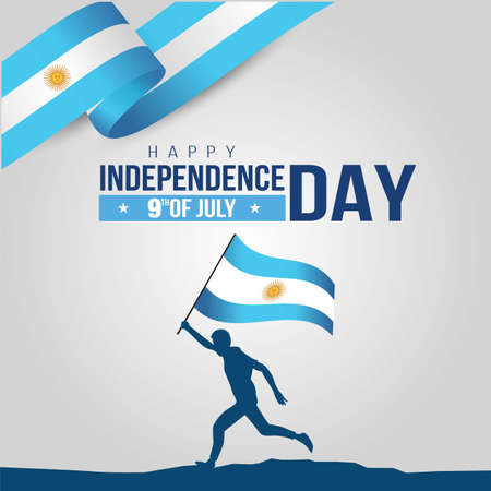 silhouette man with the Argentina flag running towards the dream. 9th of July greeting card and lettering text Happy Independence day .vector illustrationのイラスト素材