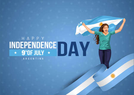 Front view. Girl with Argentinian flag runs in light background. Argentina independence day 9th july. Happy independence day. coronavirus, covid-19 concept. vector illustrationのイラスト素材