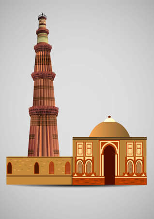 front view of Qutub Minar New Delhi, India, The tallest minaret in India is a marble and red sandstone tower that represents the beginning of Muslim rule in the country. vector illustration.のイラスト素材