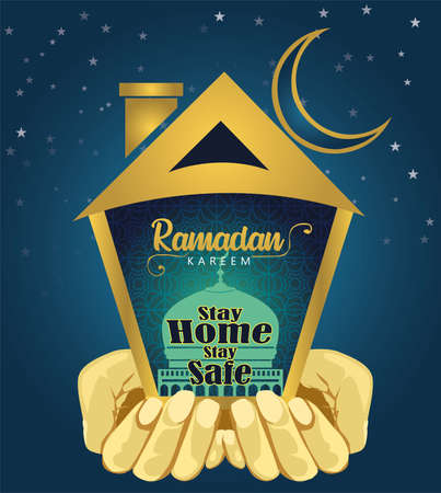 Stay home stay safe. Ramadan Kareem vector illustration. corona virus conceptのイラスト素材