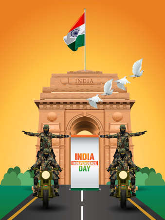 soldiers ride with india independence day banner. 15 august happy independence day. vector...