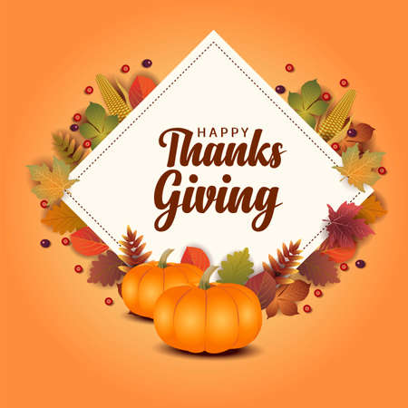 Happy thanksgiving greeting design with pumpkin and autumn leaves. vector illustrationのイラスト素材