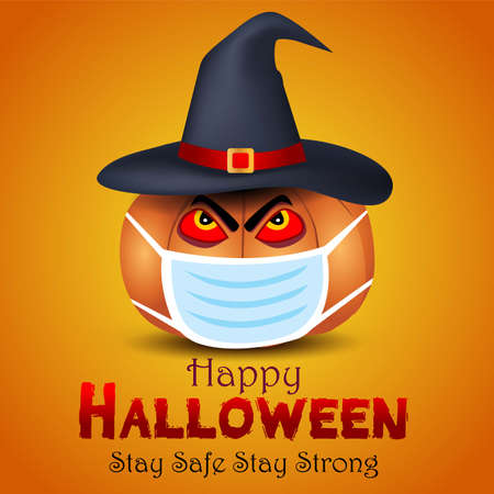 pumpkin wearing devil hat. happy Halloween covid-19 concept. vector illustrationのイラスト素材