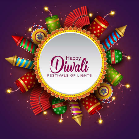 Happy Diwali celebration background. Top view of banner design decorated with fire crackers on patterned dark background. vector illustrationのイラスト素材