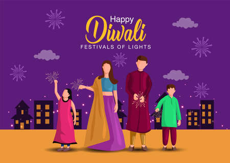 vector illustration of Hindu family celebrating on Happy Diwali Indian holiday background.のイラスト素材