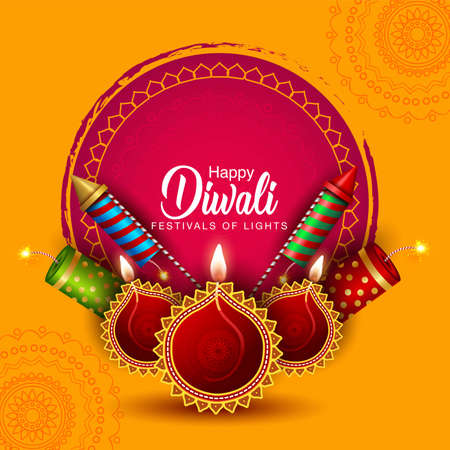 Happy Diwali celebration background. Top view of banner design decorated with fire crackers on yellow background. vector illustrationのイラスト素材