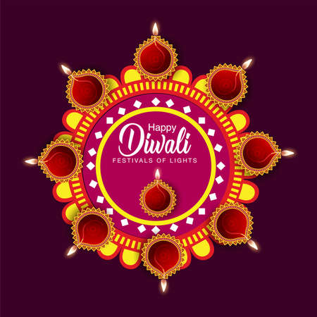 Happy Diwali celebration design decorated with illuminated oil lampsのイラスト素材