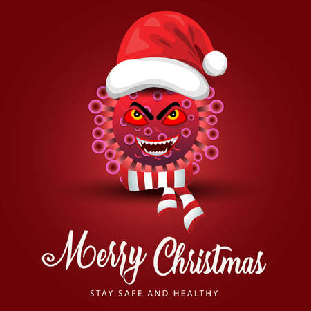 corona virus wearing Santa hat. merry Christmas greetings. coronavirus covid-19 concept. vector illustration designのイラスト素材