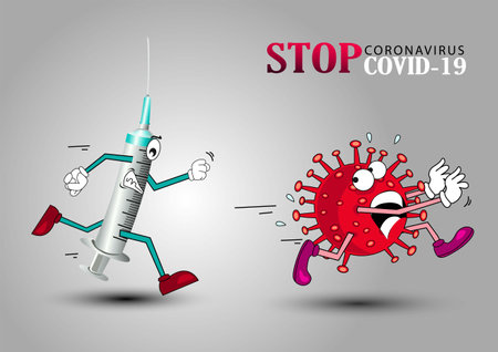 Vector cartoon figure drawing conceptual illustration of syringe running coronavirus COVID-19 virus with disinfection or disinfectant.のイラスト素材