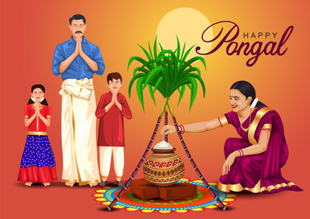 Happy Pongal celebration with sugarcane, Rangoli and pot of rice. Tamil family offering prayers. Indian cultural festival celebration concept illustration vector design.のイラスト素材