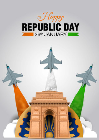 Happy Republic Day India concept with vector  illustration of fighter jets and Indian flag colors on India gate, Ashoka chakra with  white background.のイラスト素材