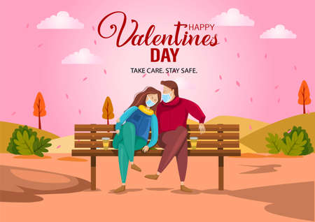cute couple sitting on bench. happy valentines day Vector illustration with beautiful landscape. covid corona virus conceptのイラスト素材