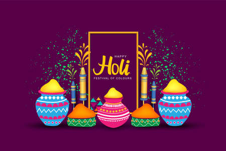 illustration of colorful gulal (powder color) and pichkari for Happy Holi Background.のイラスト素材