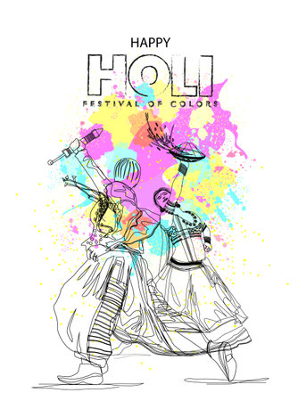 happy holi background with traditional Indian couple vector illustrationのイラスト素材
