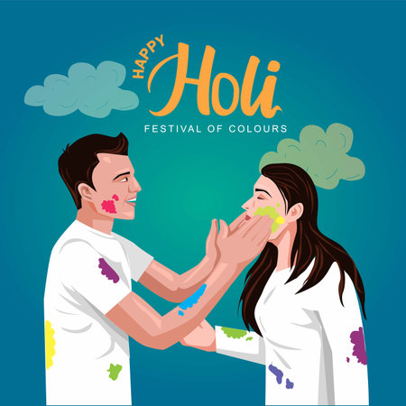 happy Holi Indian festival. Young couple Playing Holi celebration On white dress, poster, banner, wallpaper. vector illustration designのイラスト素材