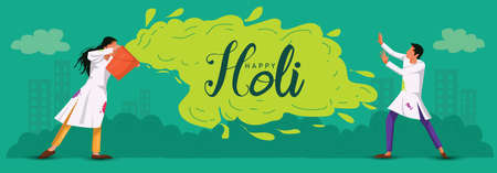 happy Holi. Cartoon Young girl and boy Playing Holi On White costume . vector illustration designのイラスト素材