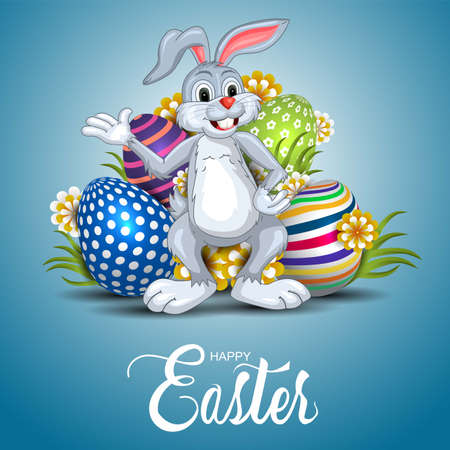happy easter greetings. funny rabbit with colorful easter eggs. vector illustration designのイラスト素材