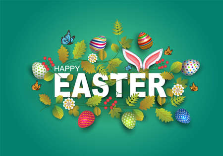 happy Easter greetings. Easter letter decorate with leaf, flowers, eggs. vector illustration designのイラスト素材
