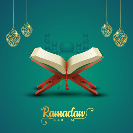 ramadan kareem greetings with Quran and wooden stand. vector illustration designのイラスト素材
