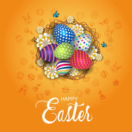 happy Easter greetings. twigs cage with flowers and eggs. vector illustration design.のイラスト素材