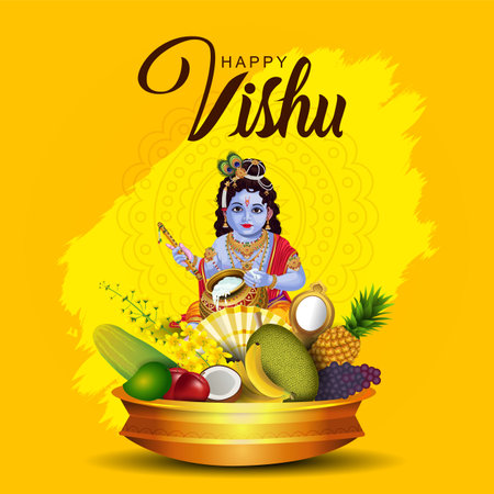 Happy Vishu greetings. April 14 Kerala festival with Vishu Kani, vishu flower Fruits and vegetables in a bronze vessel. vector illustration designのイラスト素材