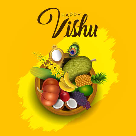 Happy Vishu greetings. April 14 Kerala festival with Vishu Kani, vishu flower Fruits and vegetables in a bronze vessel. vector illustration designのイラスト素材