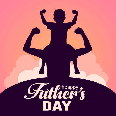 son on his father shoulders on blue background, happy international father's day concept, can be use for card, poster, website, brochure. vector illustration designのイラスト素材