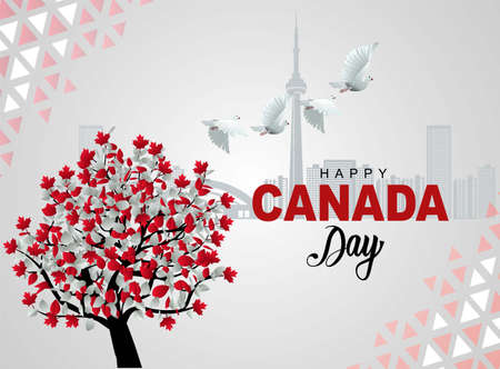 Happy Canada Day Vector Template Design Illustration. flag tree with flying pigeon.のイラスト素材