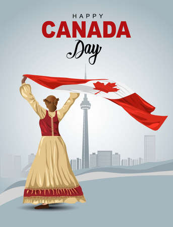 happy Canada day 1st July, girl holding with Canada flag. vector illustration. greeting card designのイラスト素材
