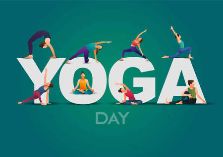 international yoga day. yoga body posture. group of Woman practicing yoga. vector illustration designのイラスト素材
