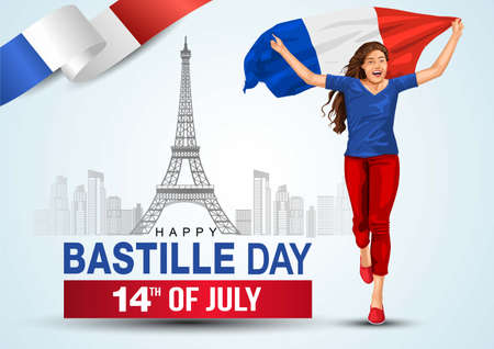 Cheerful beautiful young woman running with her hands spread up and holding blowing French flag. Creative vector Illustration, Card, Banner Or Poster For The French National Day. Happy Bastille Dayのイラスト素材